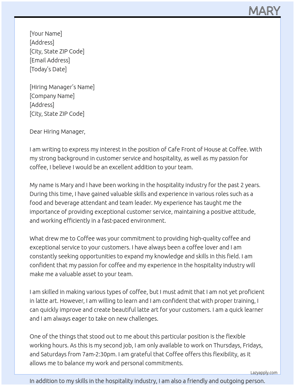 cafe front of house At Coffee  Cover Letter