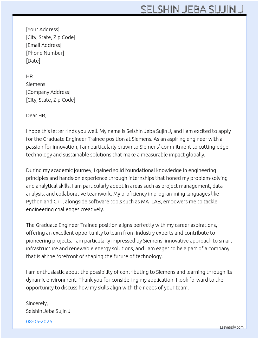 Graduate Engineer Trainee  At Siemens  Cover Letter