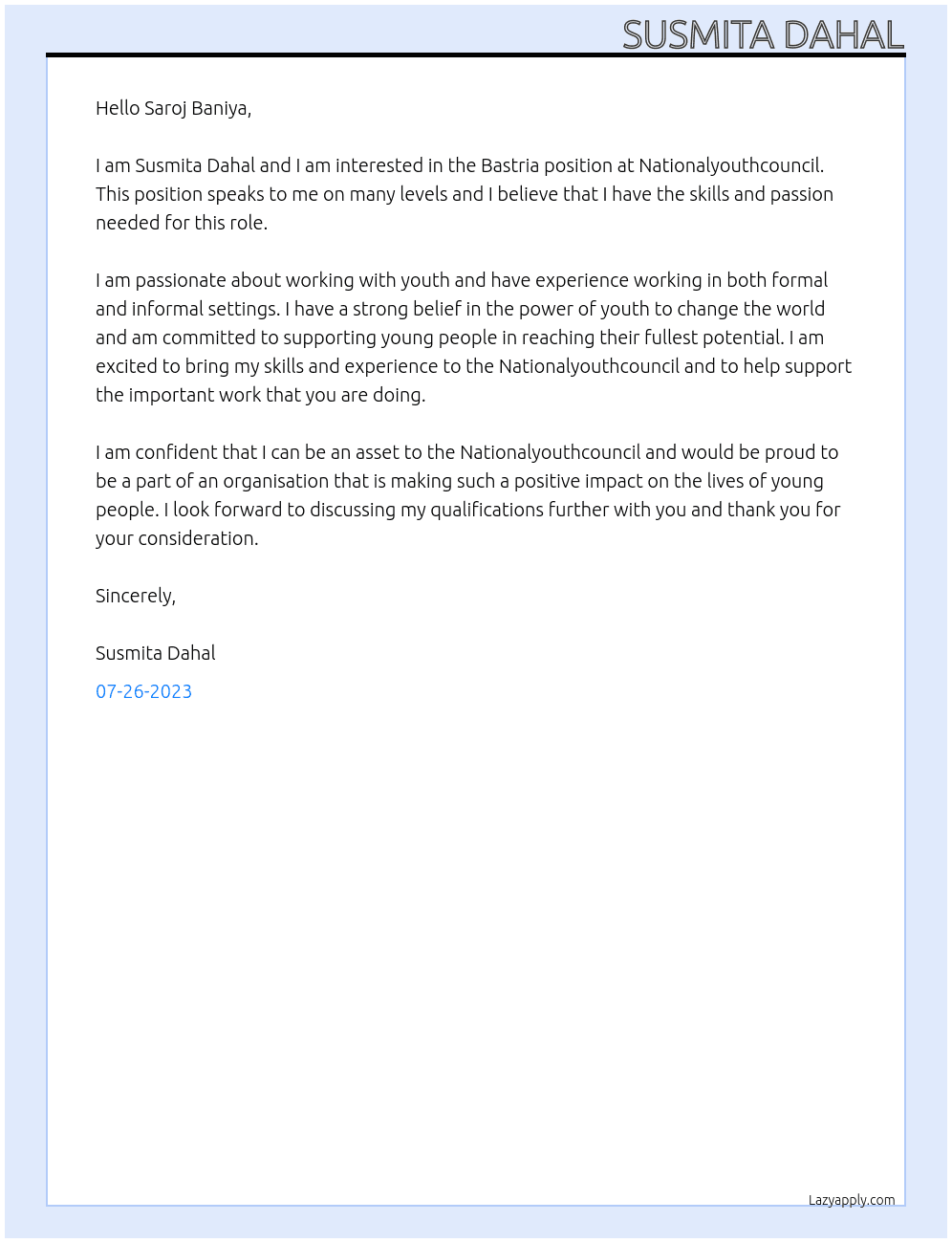 Bastria At Nationalyouthcouncil  Cover Letter