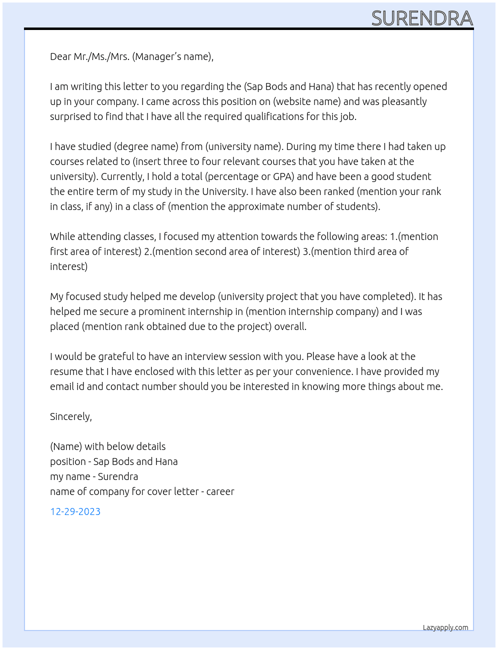 Sap Bods and Hana  At career   Cover Letter