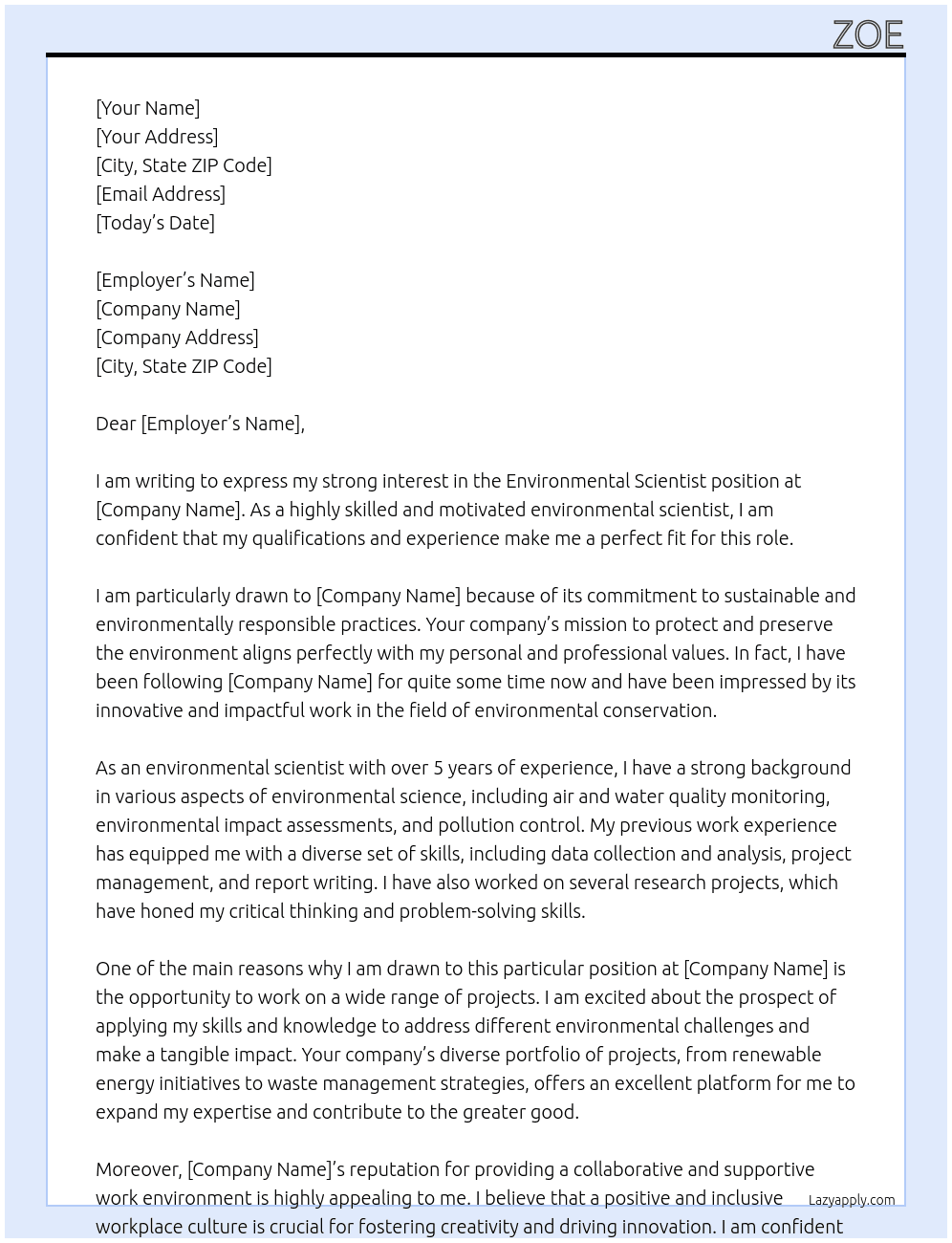 Environmental Scientist  At Unknown Cover Letter