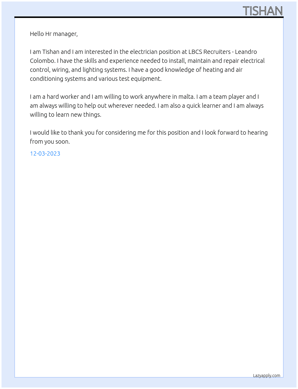 Electrician At LBCS Recruiters - Leandro Colombo Cover Letter