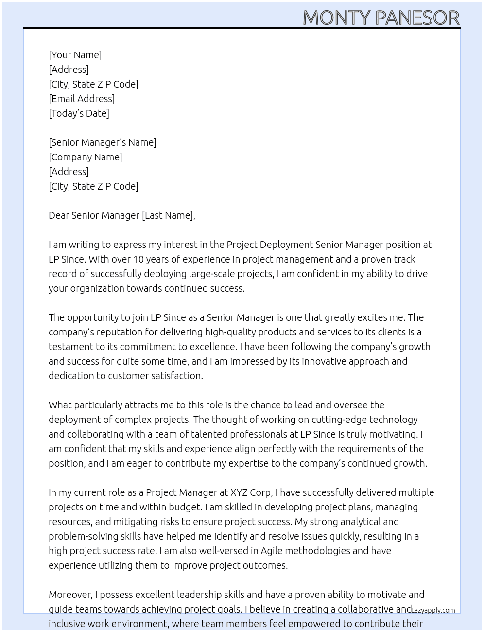 Project deployment  At LP since Cover Letter