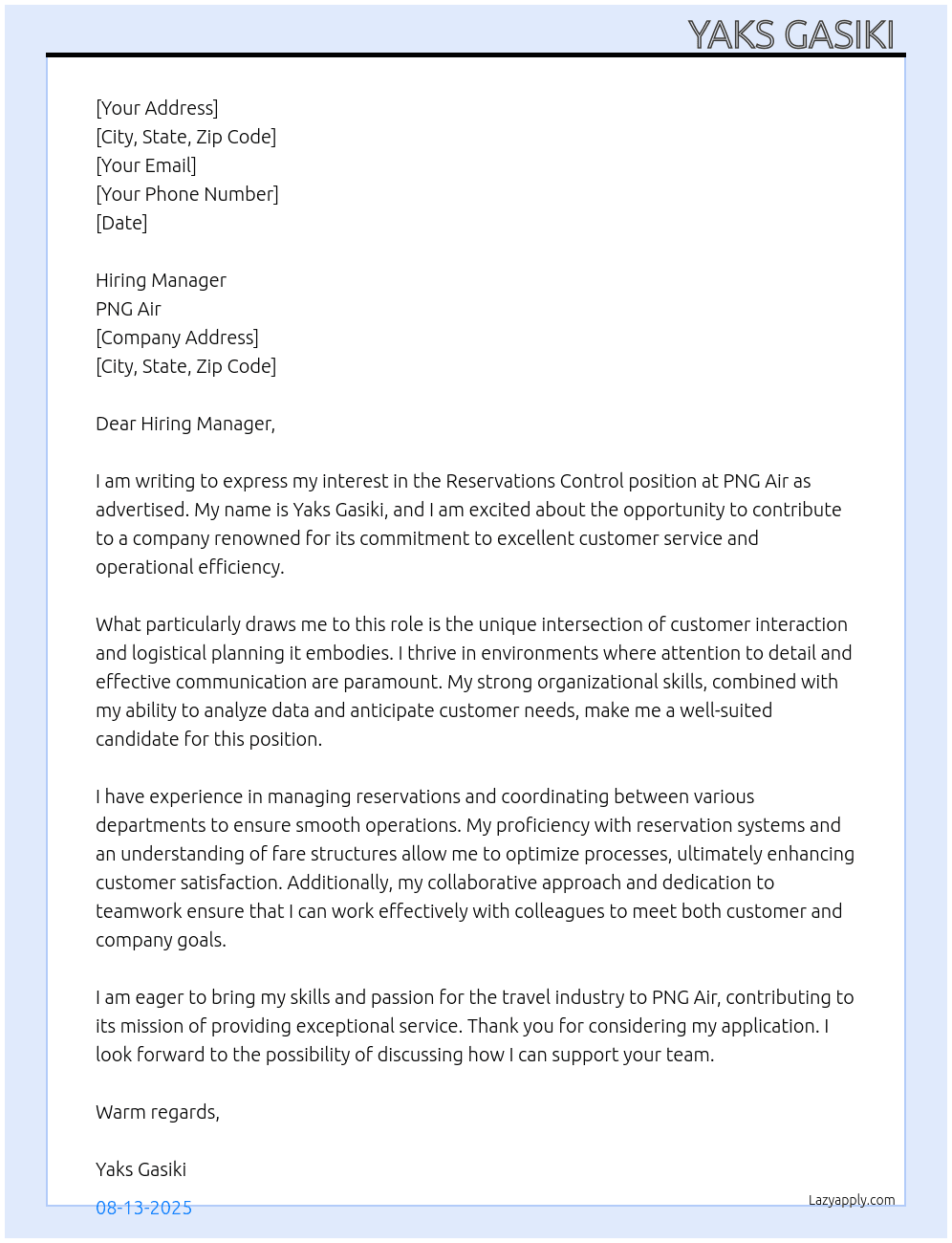 Reservations Control At PNG Air Cover Letter