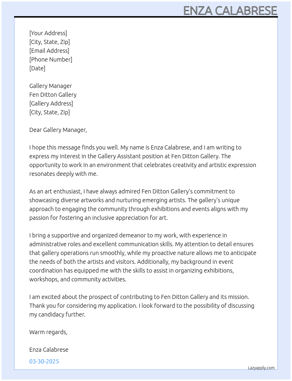 Gallery assistant  At Fen Ditton gallery  Cover Letter