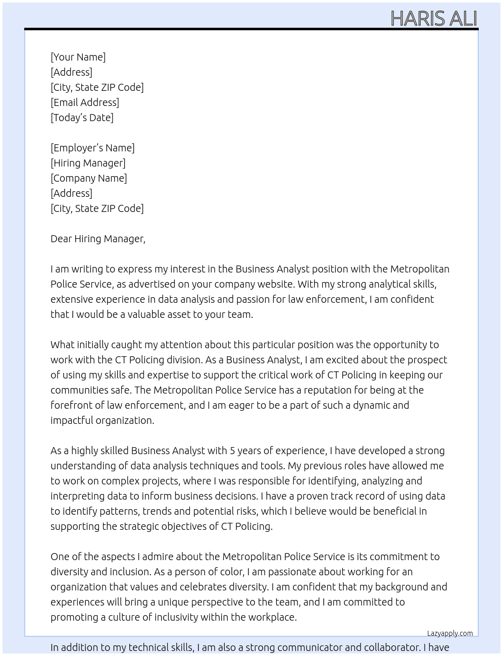 Business Analyst CT Policing At Metropolitan Police Service Cover Letter