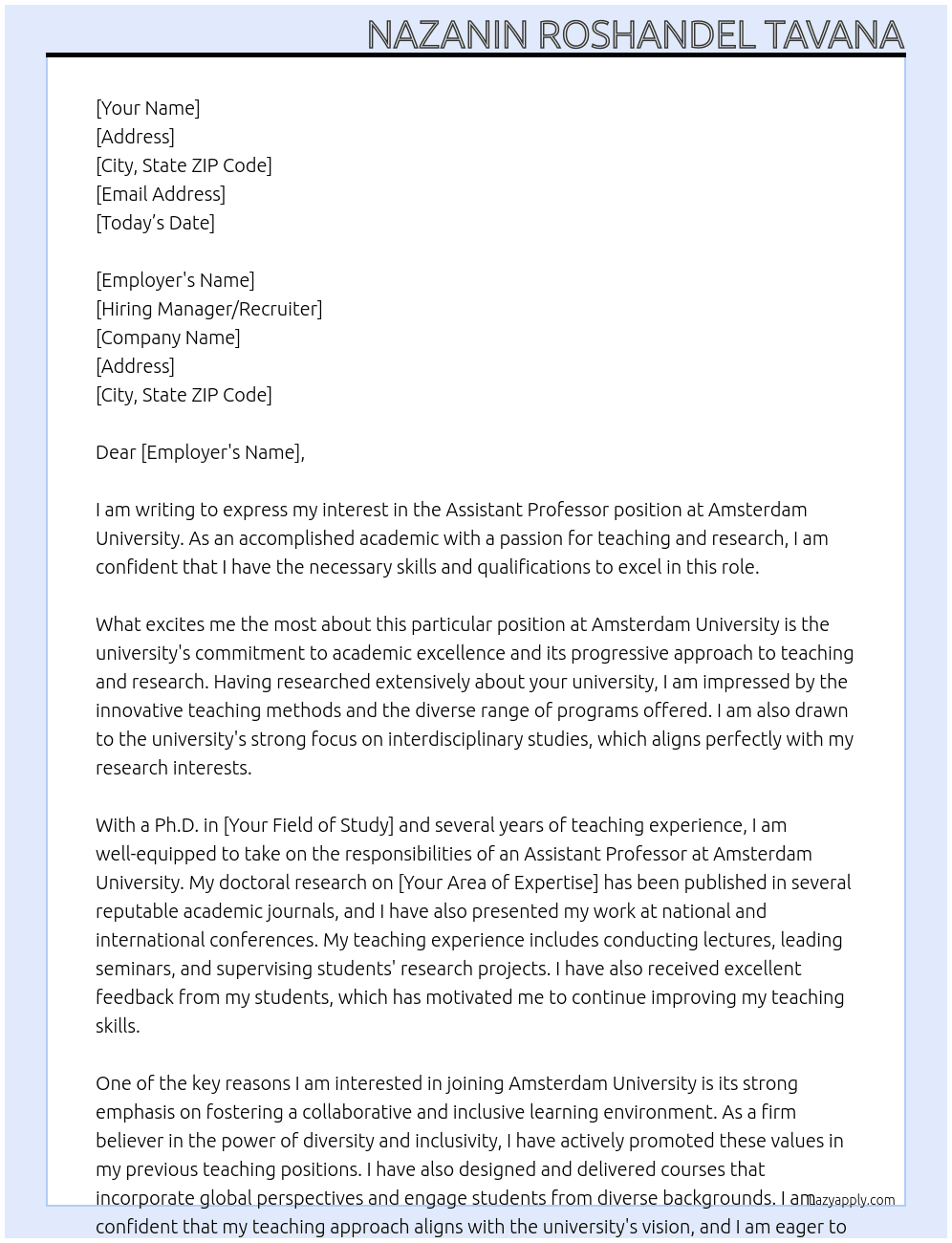 Assistant professor At Amsterdam University Cover Letter
