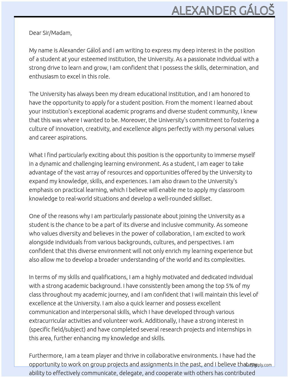 student At Uniersity Cover Letter