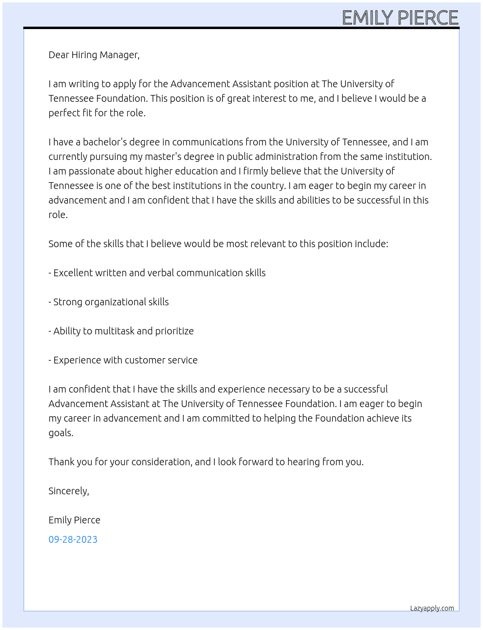 Advancement Assistant At The University of Tennessee Foundation Cover Letter