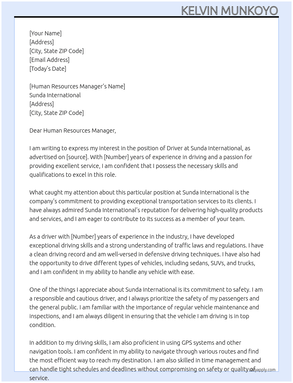 Driver At Sunda International  Cover Letter
