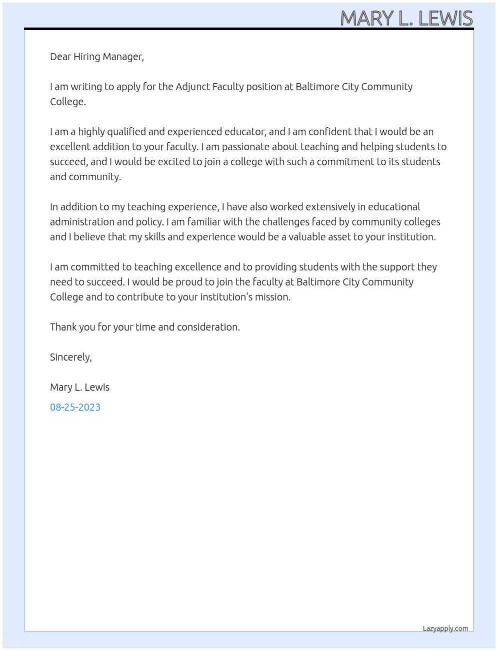 Adjunct Faculty At Baltimore City Community College Cover Letter