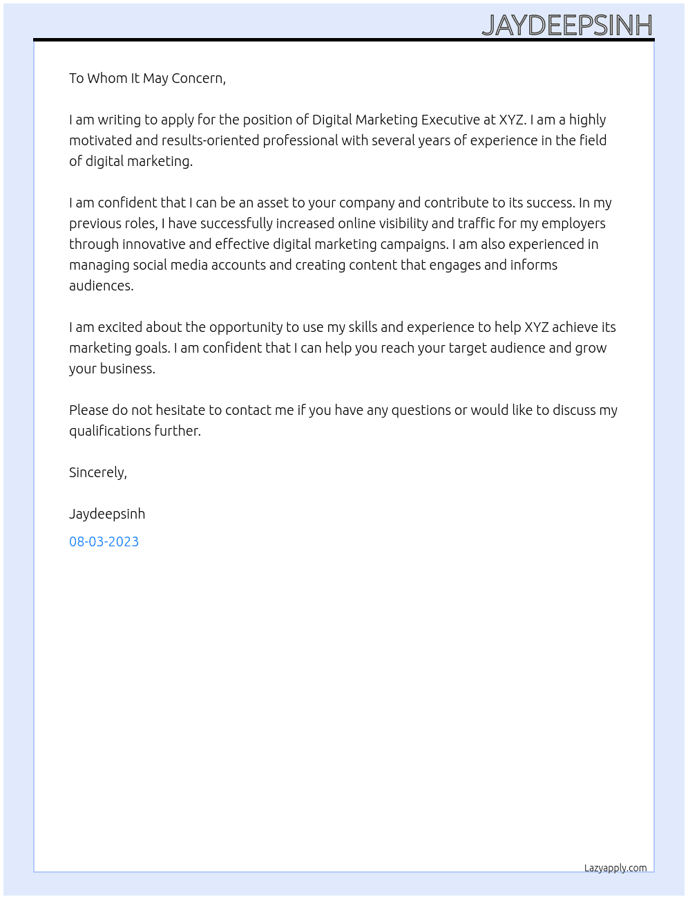 Digital marketing executive At XYZ Cover Letter