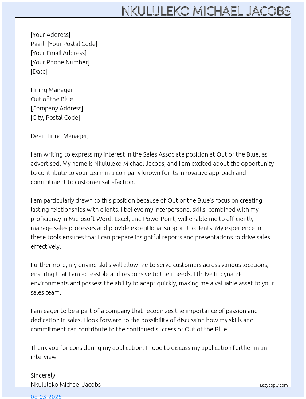 Sales Associate At Out of the Blue Cover Letter