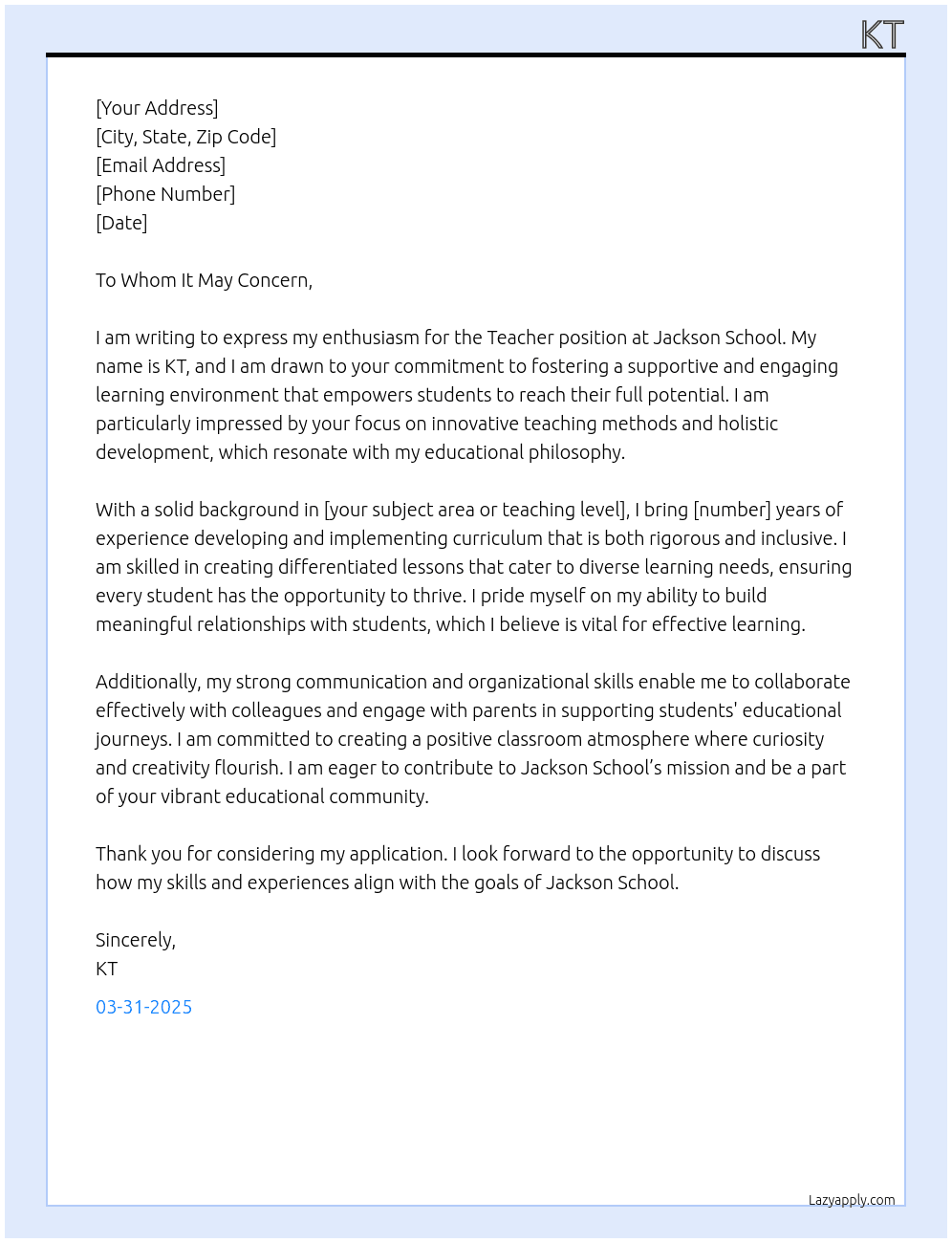 Teacher At Jackson school Cover Letter