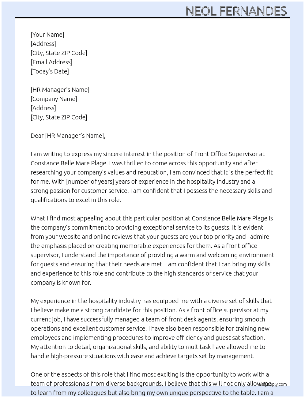 Front office supervisor  At Constance Belle Mare Plage Cover Letter