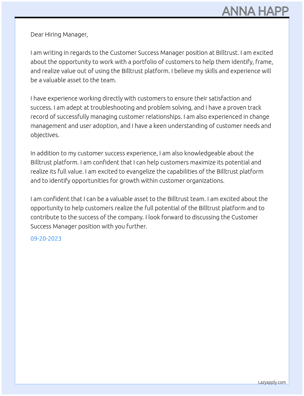 Customer Success Manager At Billtrust Cover Letter