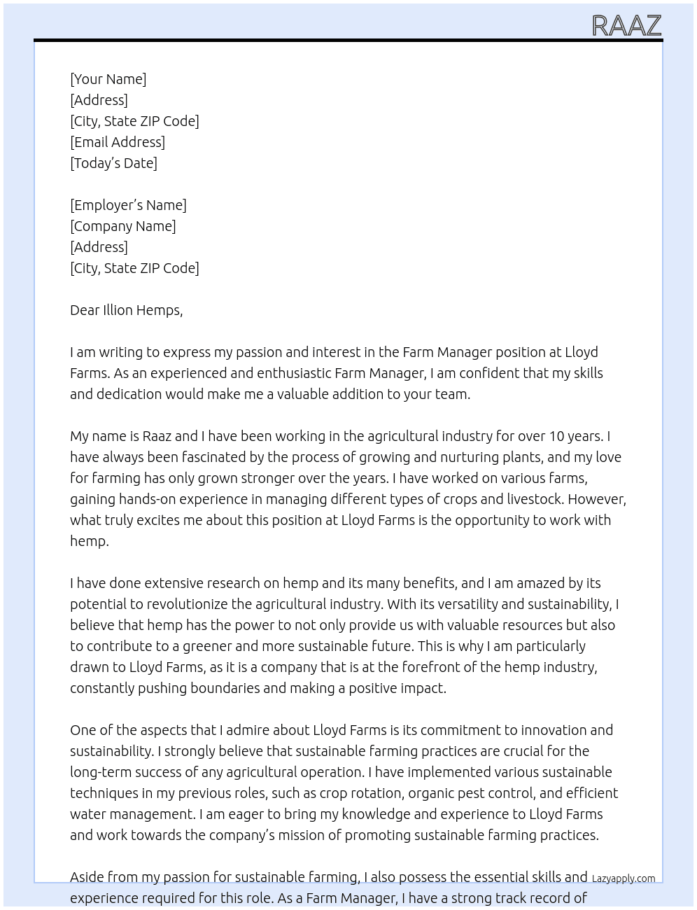 farm manager At Lloyd farms Cover Letter
