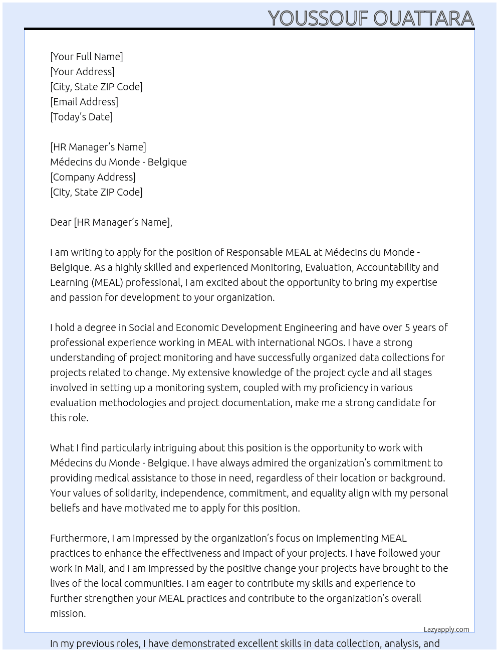 Responsable MEAL At Médecins du Monde - Belgique Cover Letter