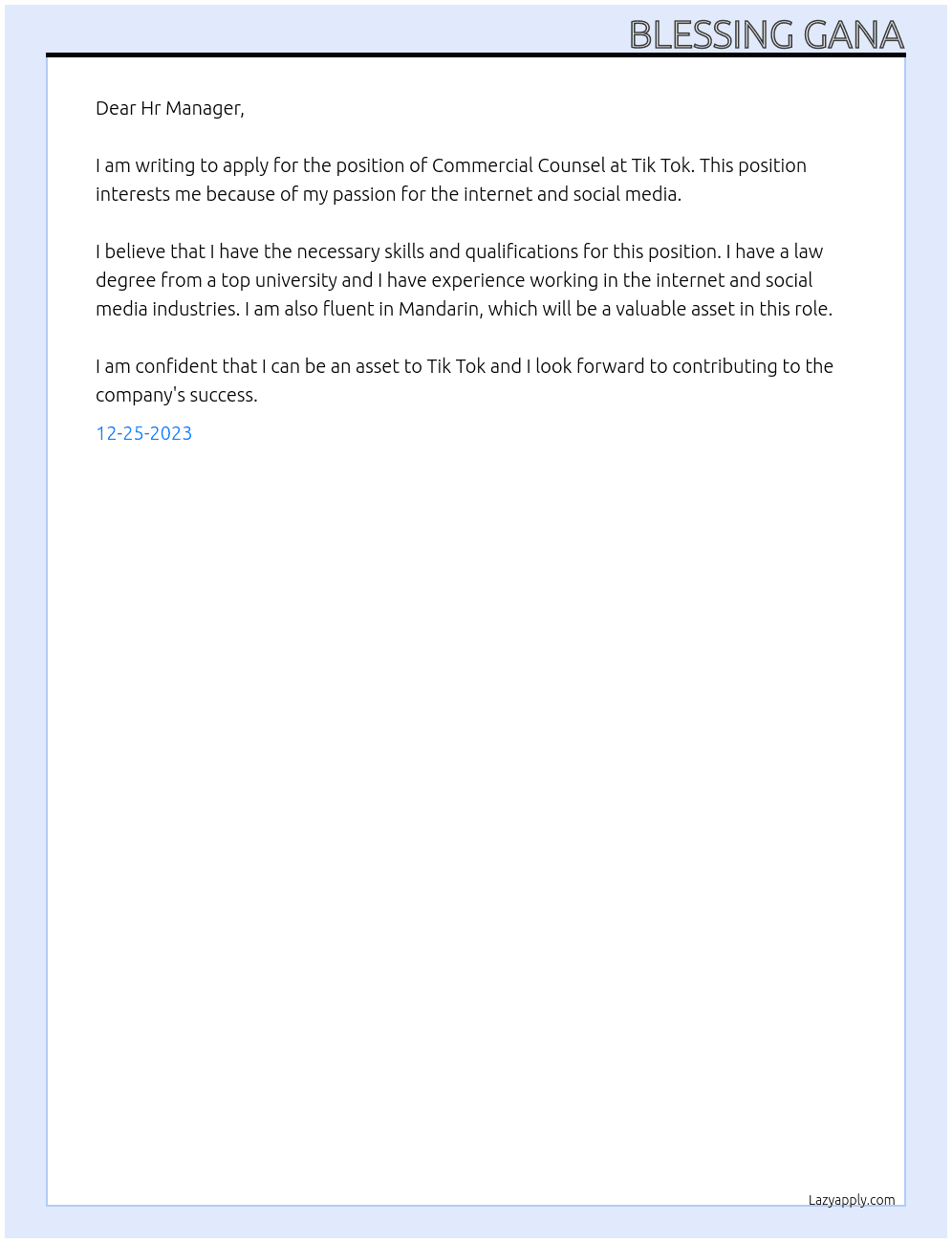 Commercial Counsel At Tik Tok Cover Letter