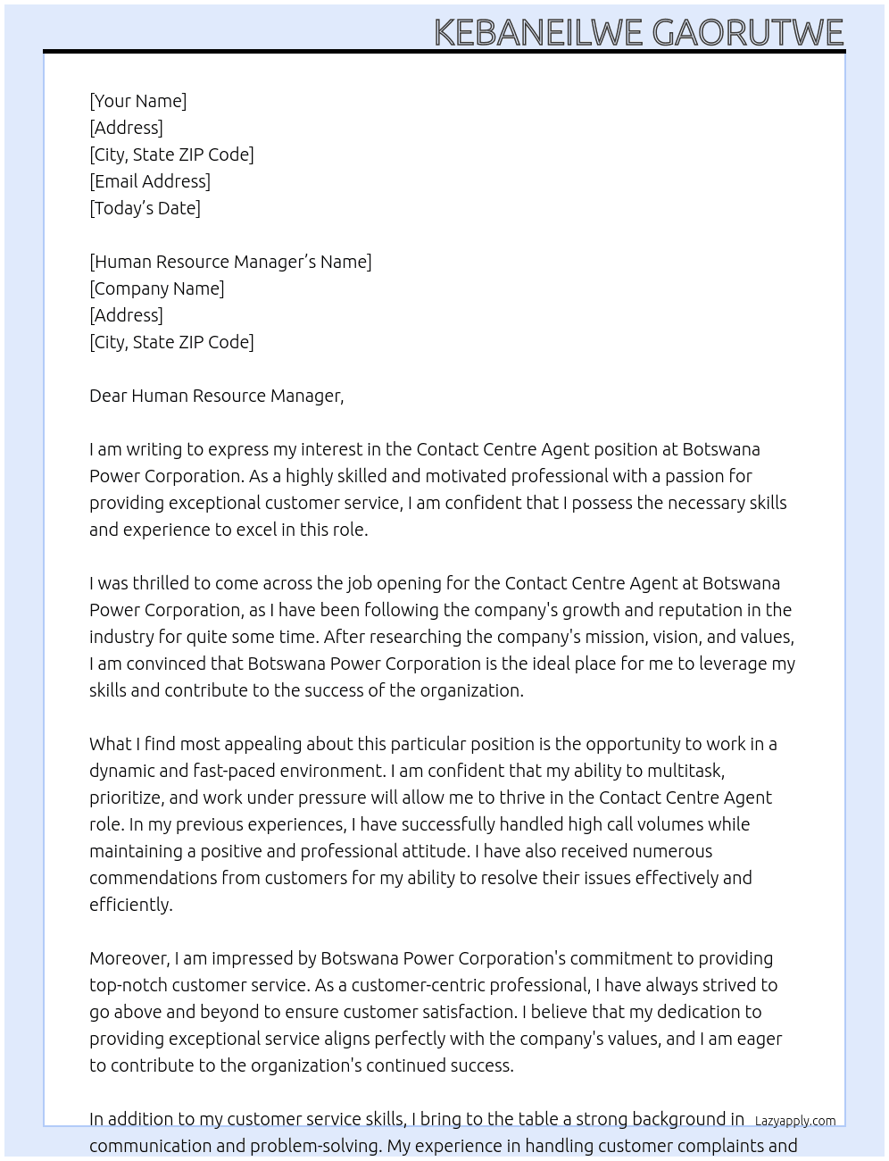 CONTACT CENTRE AGENT At BOTSWANA POWER CORPORATION Cover Letter
