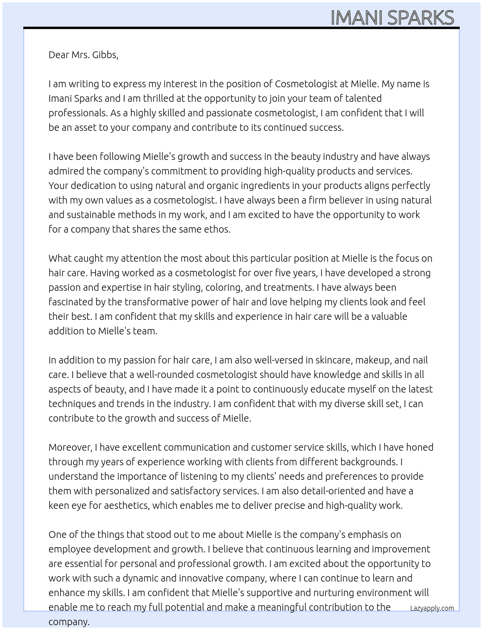 Cosmetologist  At Mielle Cover Letter