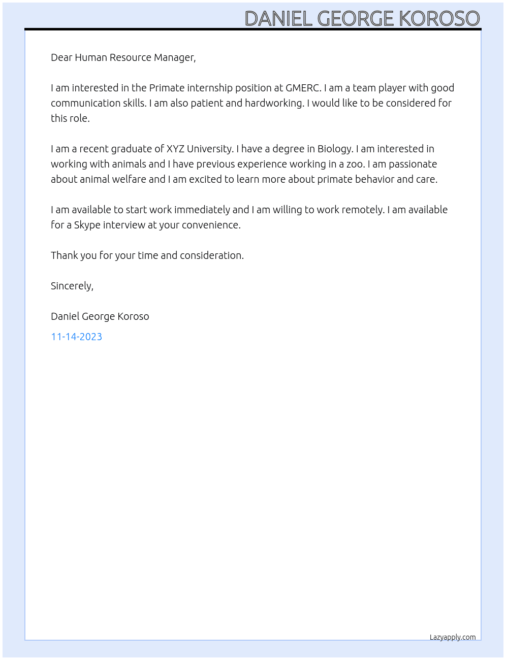 Primate internship At GMERC Cover Letter