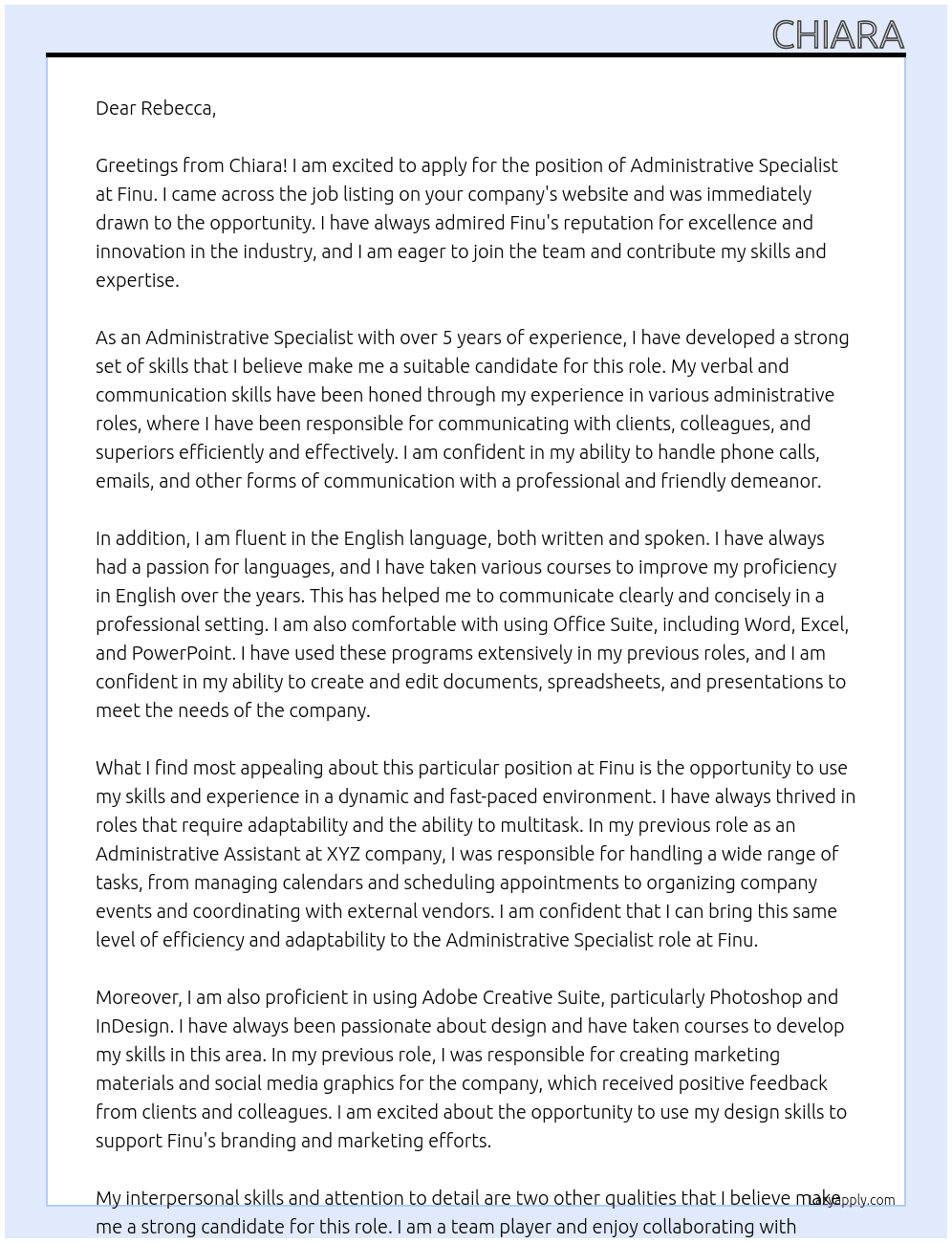 Administrative Specialist At Finu Cover Letter