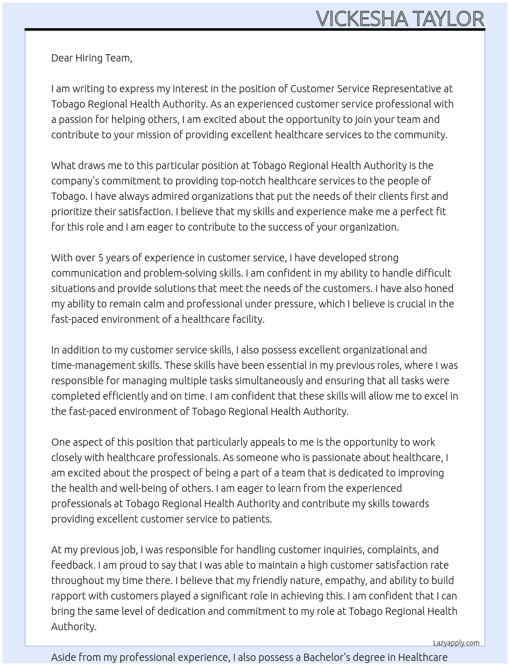 Customer Service Rep At Tobago Regional Health Authority Cover Letter