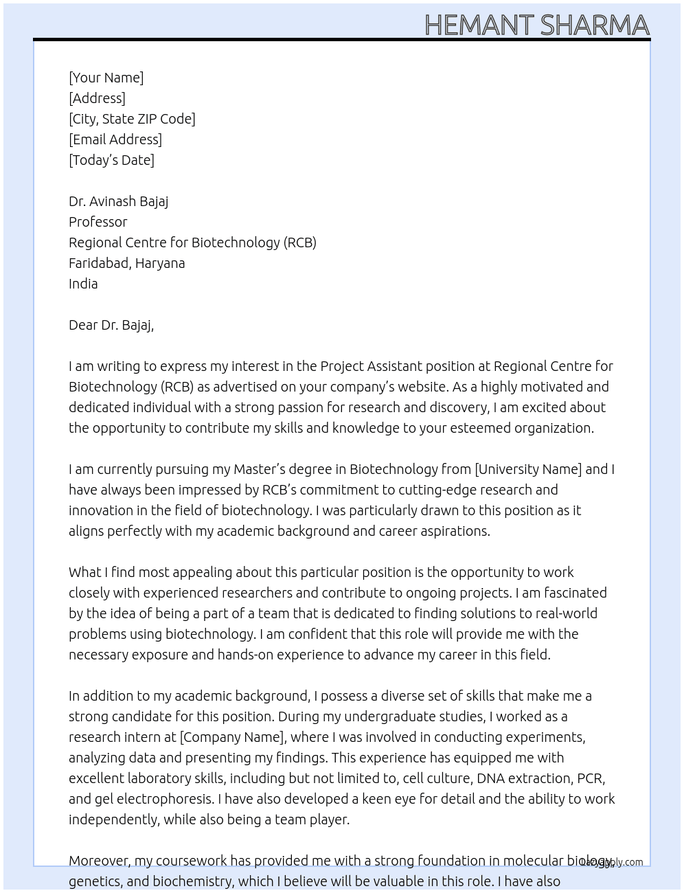 project assistant  At Regional Centre for Biotechnology (RCB) Cover Letter