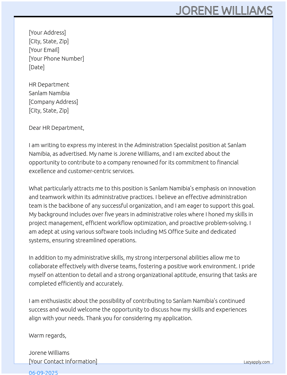 administration Specialist At Sanlam Namibia Cover Letter