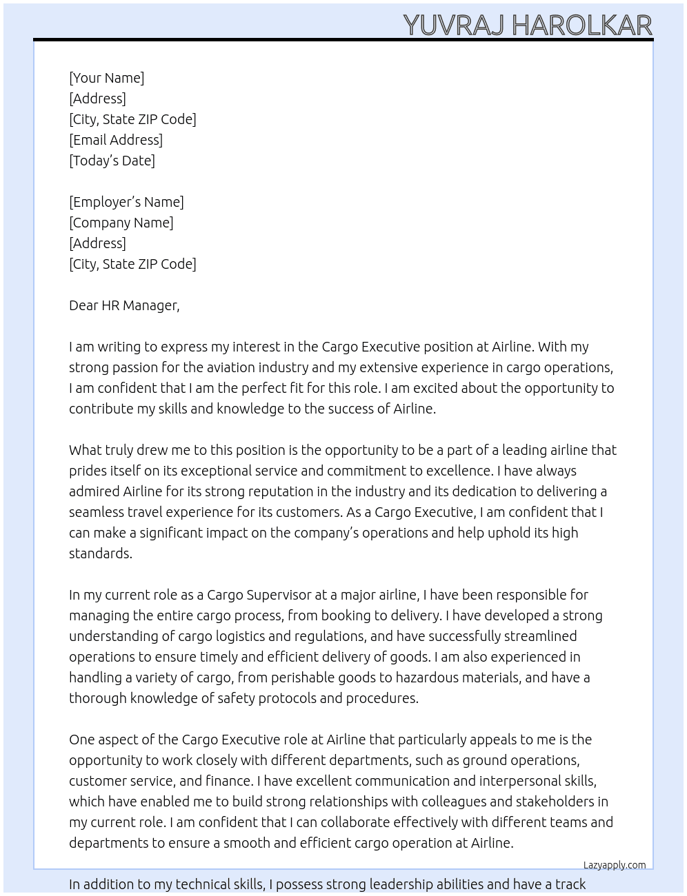 CARGO EXECUIETVIE At AIRLINE Cover Letter