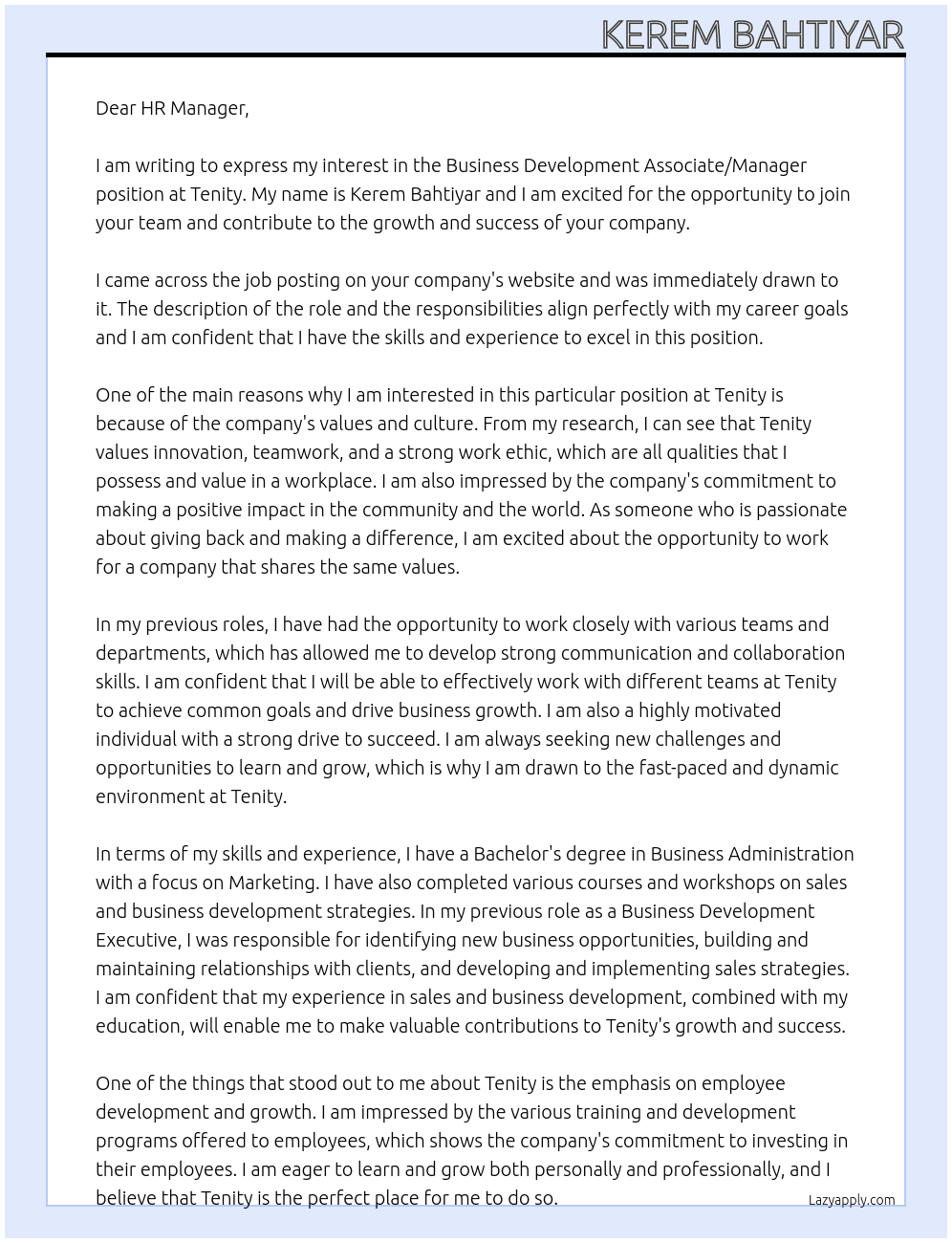 Business Development Associate/Manager At Tenity Cover Letter