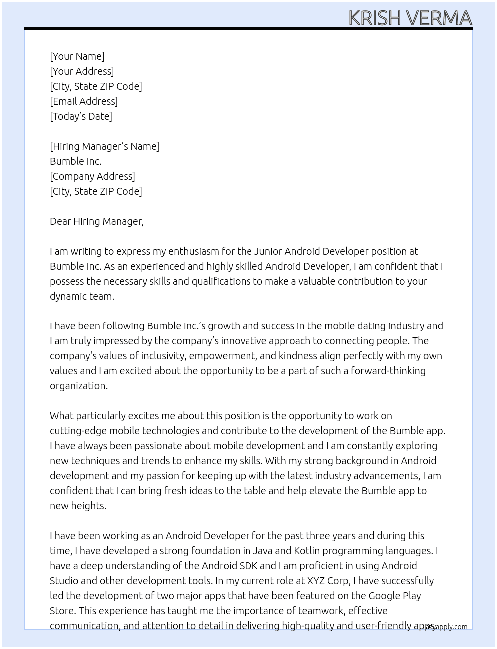 Junior Android Developer  At Bumble Inc Cover Letter