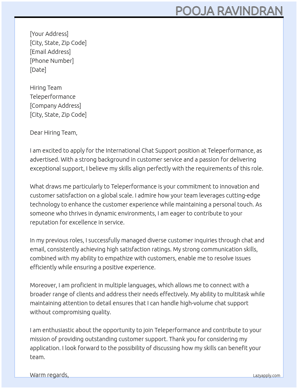 Cover letter for international chat support - LazyApply