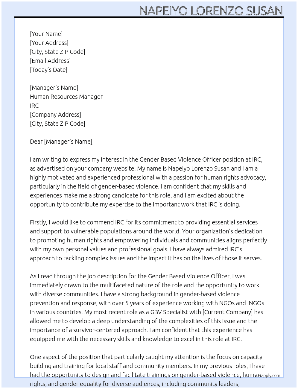 Gender Based Violence officer  At IRC Cover Letter