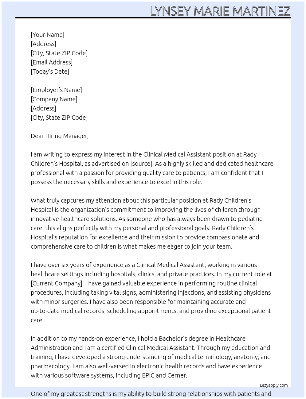 Clinical Medical Assistant At Rady Children’s Hospital Cover Letter