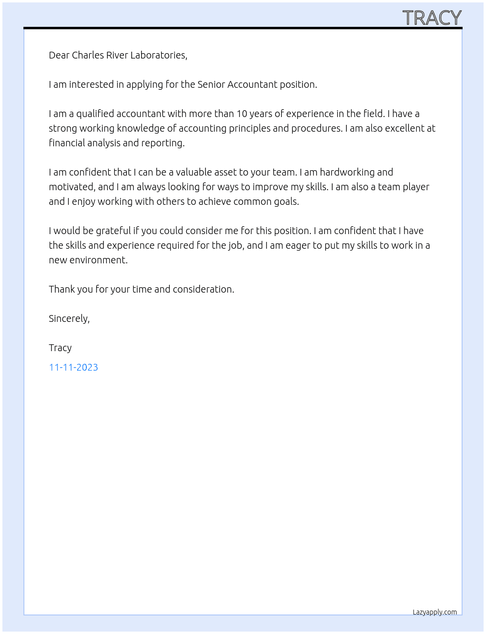 Senior Accountant At Charles River Labratories Cover Letter