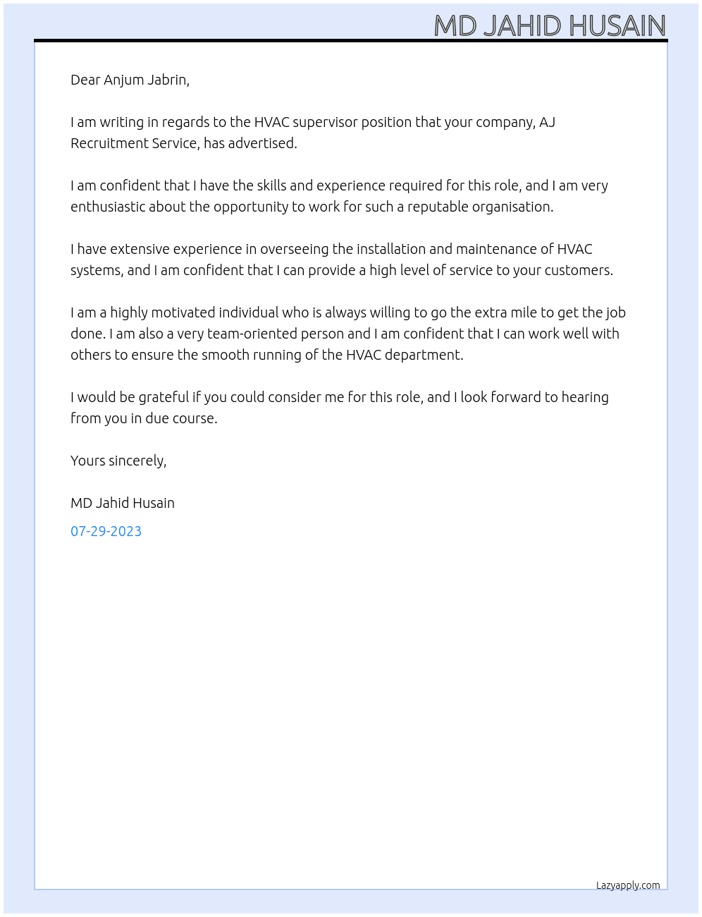 HVAC supervisor At AJ Recruitment Service Cover Letter