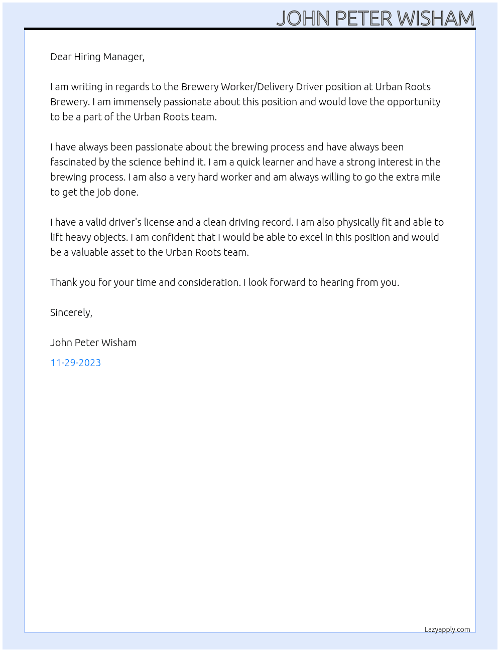 Brewery Worker/Delivery Driver At Urban Roots Brewery Cover Letter