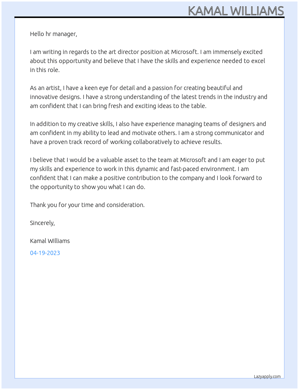 art director At microsoft Cover Letter