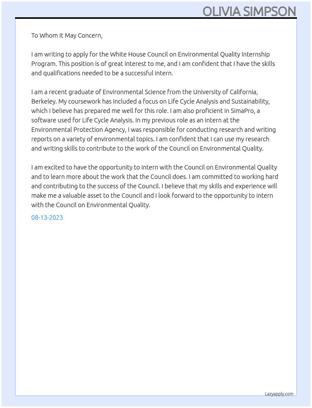 White House Council on Environmental Quality Internship Program At Federal Government Cover Letter
