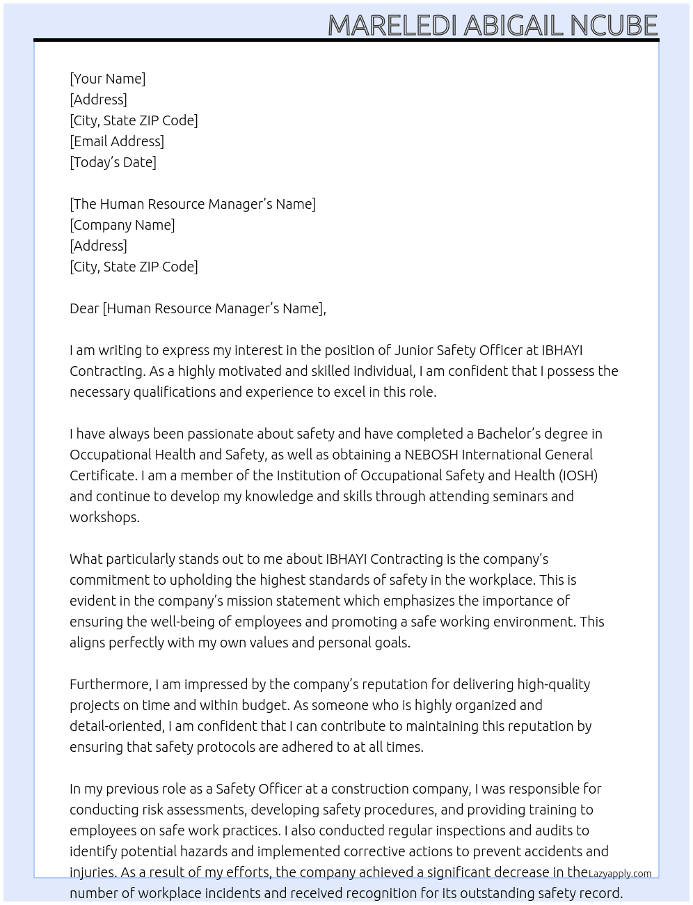 Junior Safety Officer At IBHAYI Contracting Cover Letter