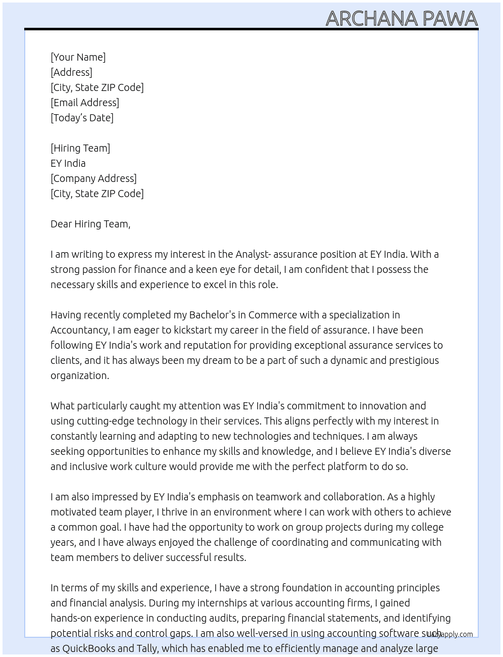 Analyst- assurance At EY India Cover Letter