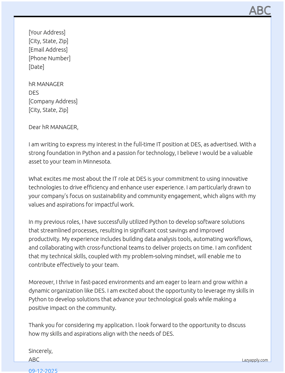 it At DES Cover Letter