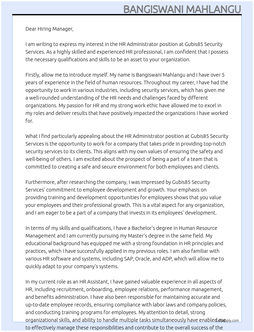 HR Administrator  At Gubis85 Security Services  Cover Letter