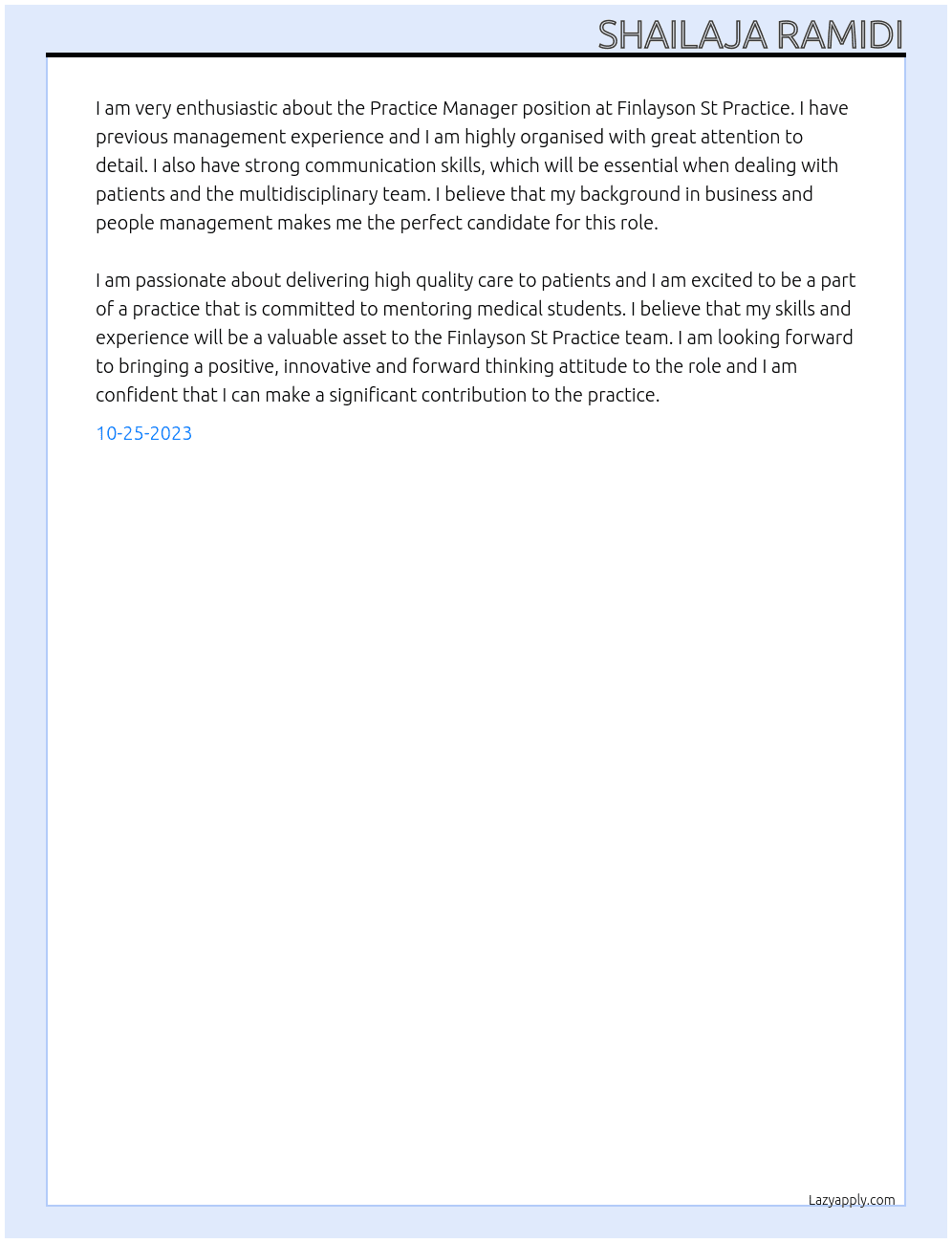 Practice Manager At Finlayson St Practice Cover Letter