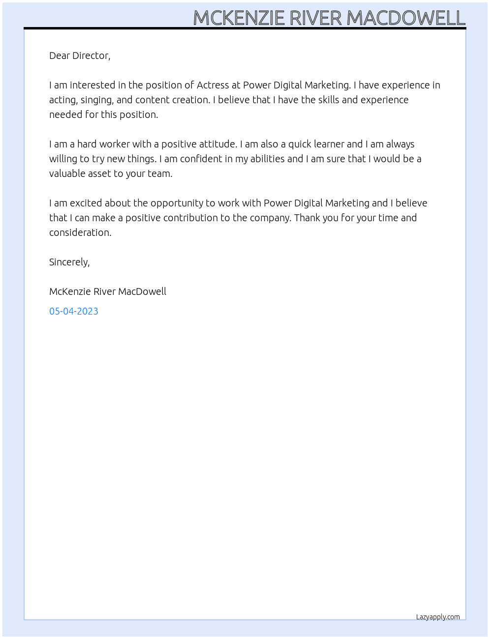 Actress At Power Digital Marketing Cover Letter