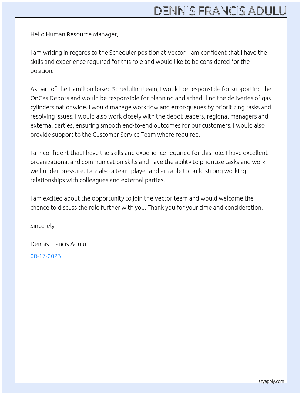 Scheduler At Vector Cover Letter