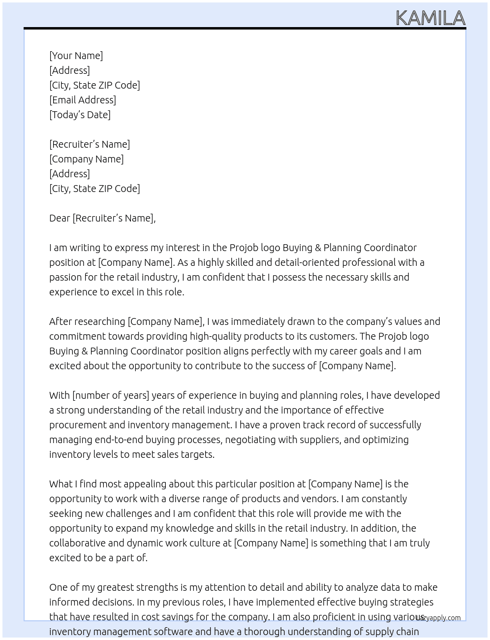 Projob logo Buying & Planning Coordinator At meh Cover Letter