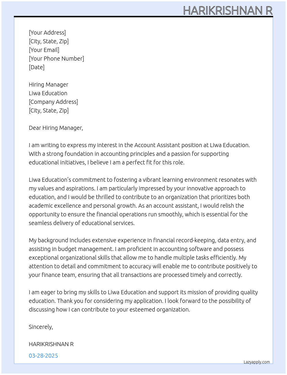 Account assistant At Liwa Education Cover Letter